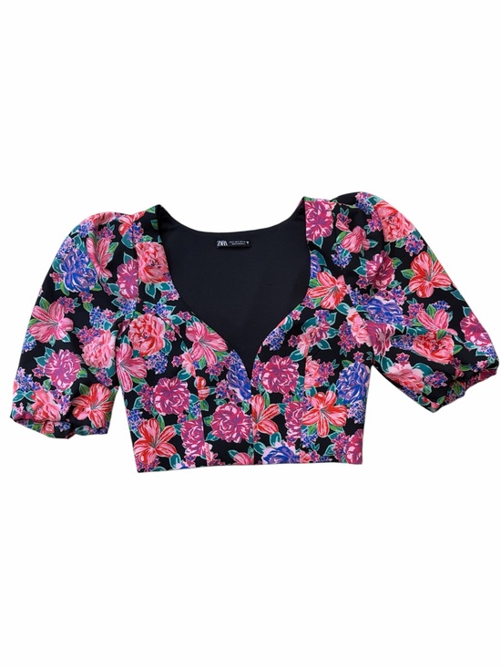 Zara Tops - Zara Black Floral Puff-Sleeve Crop Top